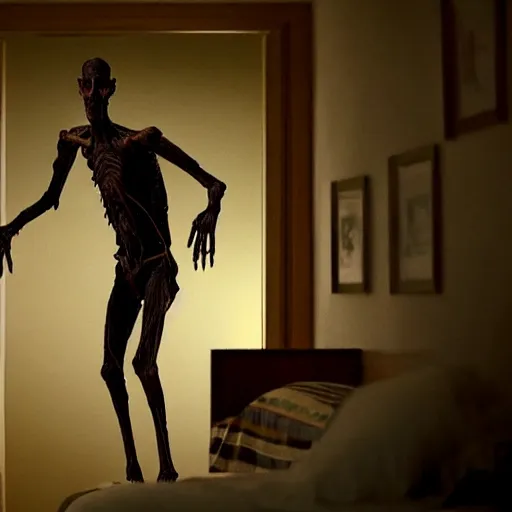 Image similar to A gangly humanoid monster running towards a person sleeping in a bed, Horror Movie Trailer Screenshot, Jump Scare, Cinematic Lighting, Oscar Winner