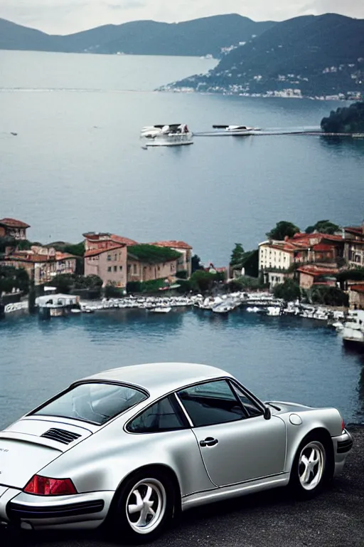 Prompt: Photo of a silver Porsche 911 Carrera 3.2 parked on a dock in Lake Como in the background, daylight, dramatic lighting, award winning, highly detailed, 1980s Versace ad, cinestill 800t, fine art print, best selling.