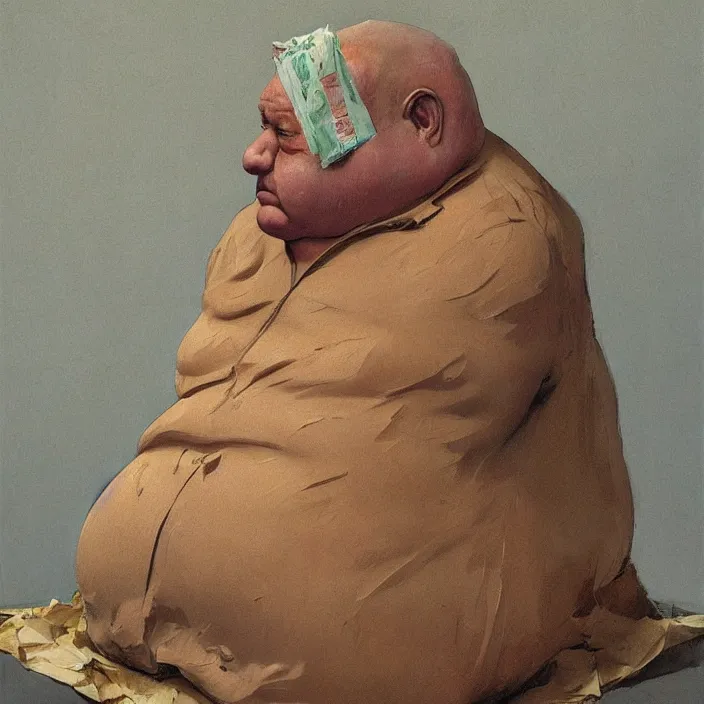 Image similar to melted old fat man portrait with a paper bag over the head, in paper bag clothing, holding a stack of paper bags, highly detailed, artstation, edward hopper, art by zdislav beksinski, wayne barlowe, edward hopper