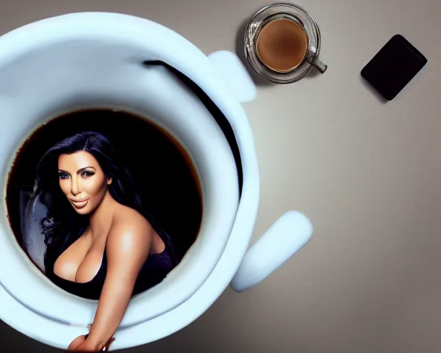 Image similar to Kim Kardashian inside a giant cup of coffee, cinematic, highly detailed, HD, 4K, professional image, professional lighting