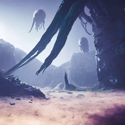 Image similar to the land reclaims a crashed space frigate, alien life, in the style of James Chadderton, ectoplasm, giant creatures roam, natural lighting, low angle camera, unreal engine