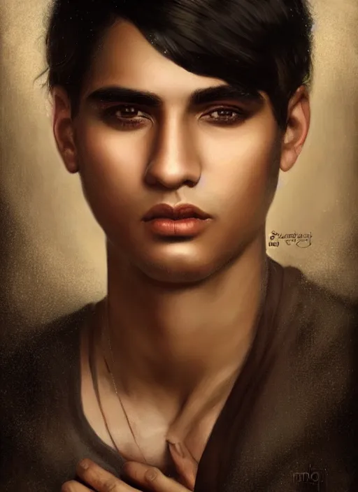 Image similar to a magical portrait of a mexican young male gang member with beautiful brown eyes and short black hair, art by manuel sanjulian and tom bagshaw