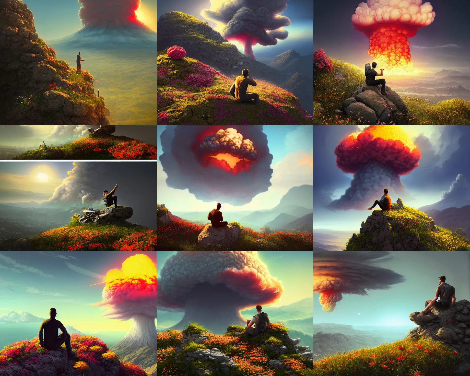 Prompt: a man sitting on top of a rock covered hillside with flowers watching a nuclear explosion, a detailed matte painting by filip hodas, cgsociety, fantasy art, artstation hq, vfxfriday, dystopian art