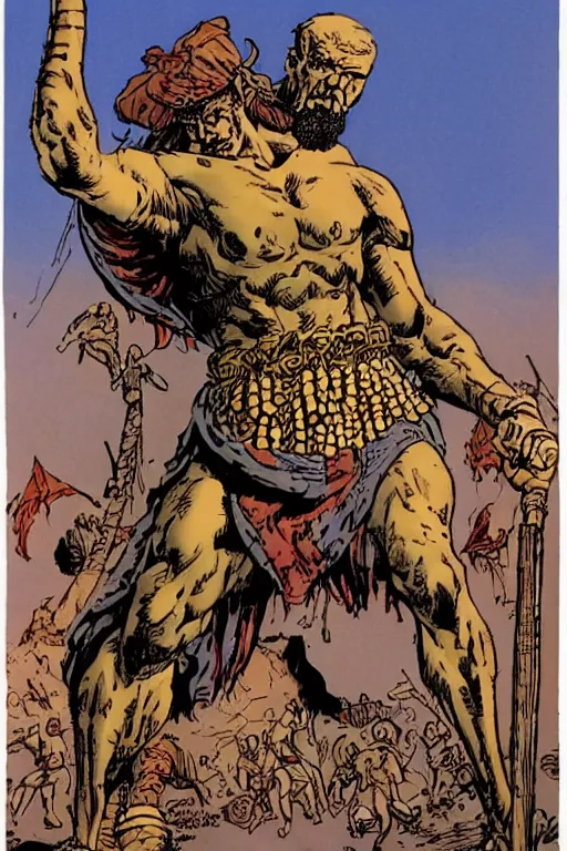 Image similar to ancient historically accurate depiction of the Bible Character Goliath of Gath, the Philistine warrior giant by frank miller