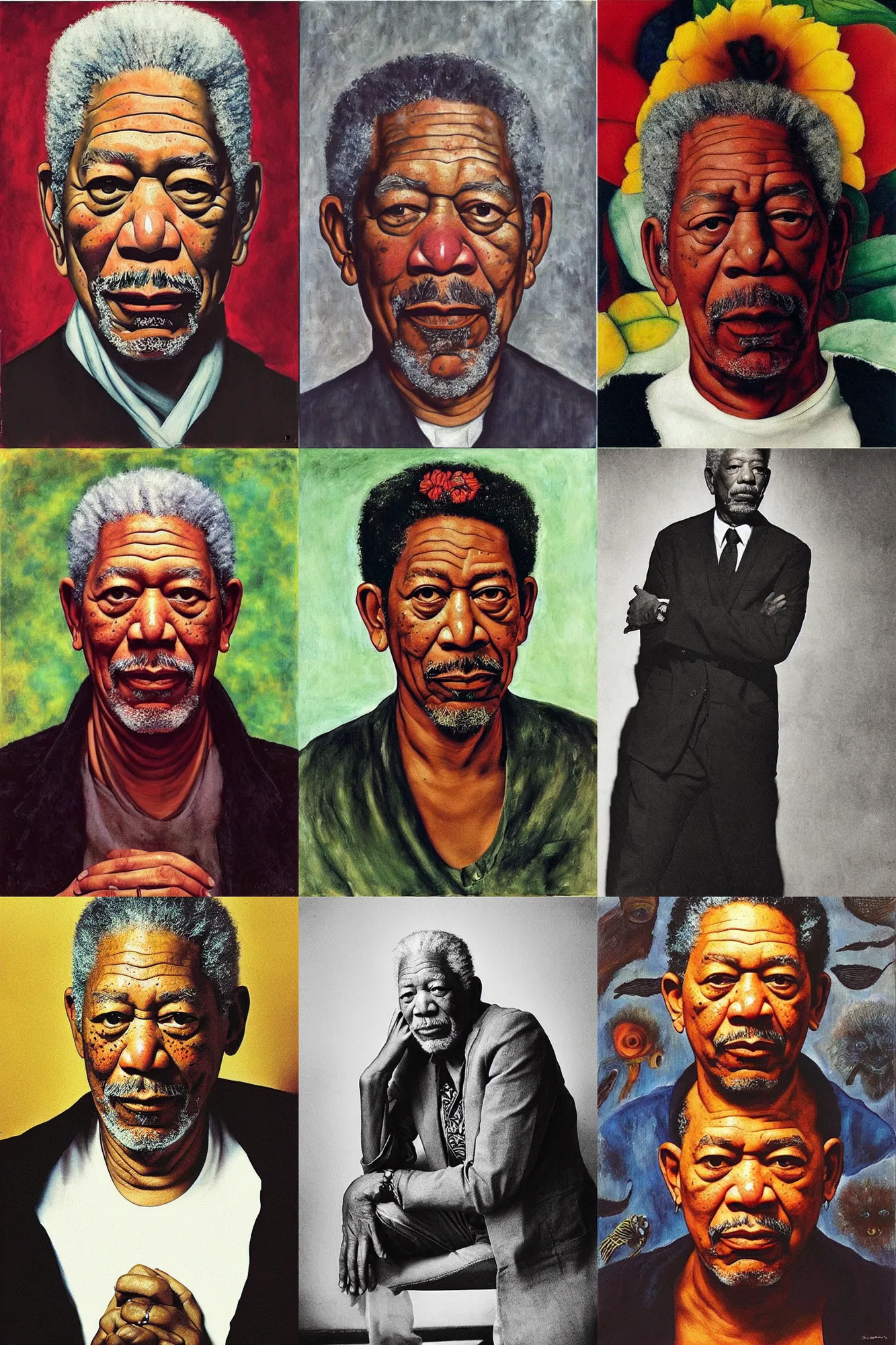 Prompt: “Morgan Freeman, portrait by Frida Kahlo”