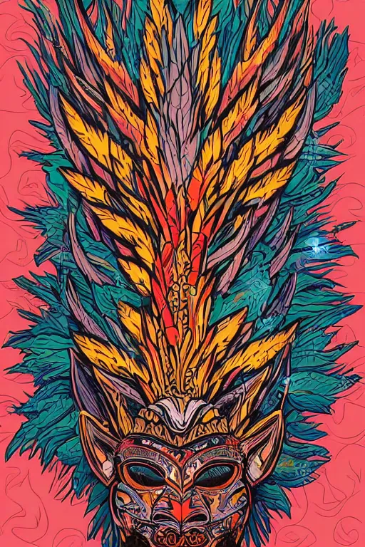 Image similar to animal mask totem roots flower tribal feather gemstone plant wood rock shaman vodoo video game vector cutout illustration vivid multicolor borderlands comics by josan gonzales and dan mumford radiating a glowing aura