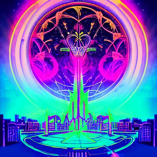 Image similar to mystical psychedelic poster with shaded lighting in the style of andriod jones, radiant light, detailed and complex environment, solace, beautiful, utopic astral city in the sky with many buildings and temples reflecting an modern city on the ground with old growth pine trees, overlaid sacred geometry, with implied lines, gradient of hot pink and neon baby blue