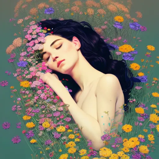 Prompt: a woman sleeping in the middle of flowers, confident pose, pixie, genshin impact, intricate, elegant, sharp focus, illustration, highly detailed, concept art, matte, trending on artstation, lisa frank, alfons mucha, art by wlop and artgerm and greg rutkowski, ilya kuvshinov, strong strokes