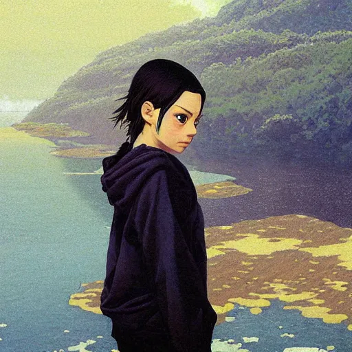 Image similar to anime mila kunis by by Hasui Kawase by Richard Schmid