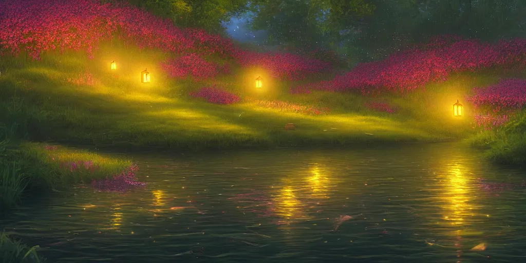 Image similar to fireflies around water inspired by Evgeny Lushpin,flower meadow,spring,cinematic,trending on ArtStation