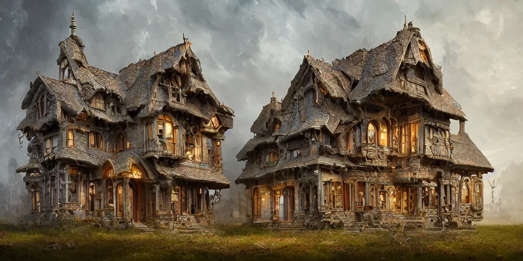 Image similar to beautiful house made of mechanical watch parts, gears, cogs, jewels, architectural render, by jaroslaw jasnikowski, by gabriel dawe, by skottie young, by jessica rossier, by isaac cordal, metal architecture, trending on artstation, photorealistic, 8 k