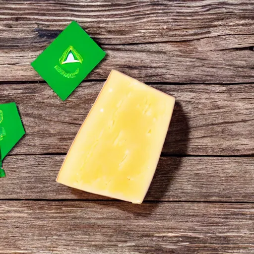 Image similar to a wedge of cheese with a green participation badge hanging from the side, stock art, 8K