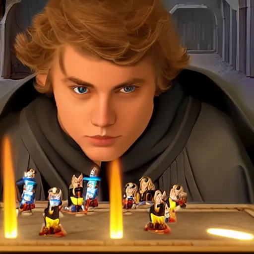 Image similar to Anakin Skywalker having a game night with the younglings in the temple at night, cinematic, realistic