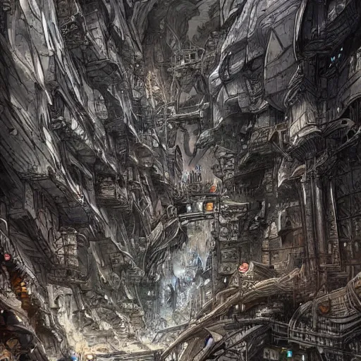 Image similar to stunning concept art for an underground city by kim Jung gi, hyper-detailed, professional illustration