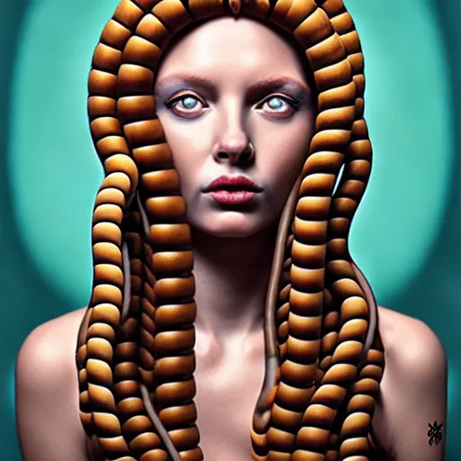 Image similar to portrait of medusa with long thin sausages instead of snakes, sausage hair, painting, illustration, intricate details, masterpiece, digital art, trending on artstation