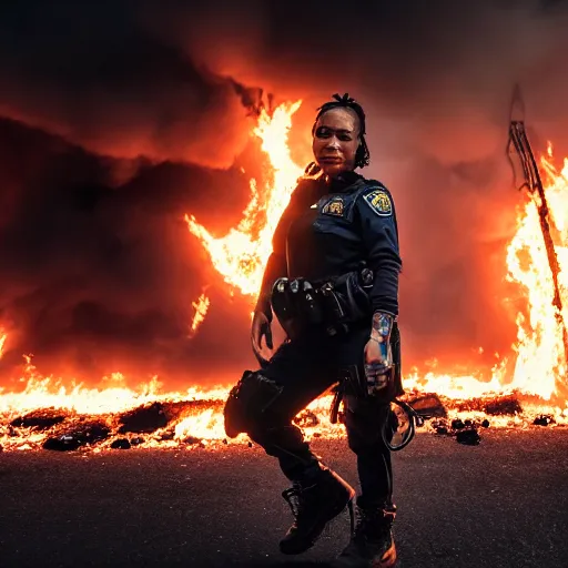 Prompt: Candid extreme wide shot of a poor techwear mixed woman with short hair and tattoos outside of a futuristic Los Angeles on fire, a police MRAP on fire, cyberpunk, 4k, extreme long shot, desaturated, full shot, action shot, motion blur, depth of field, sigma 85mm f/1.4, high resolution, 4k, 8k, hd, full color, award winning photography, war photography