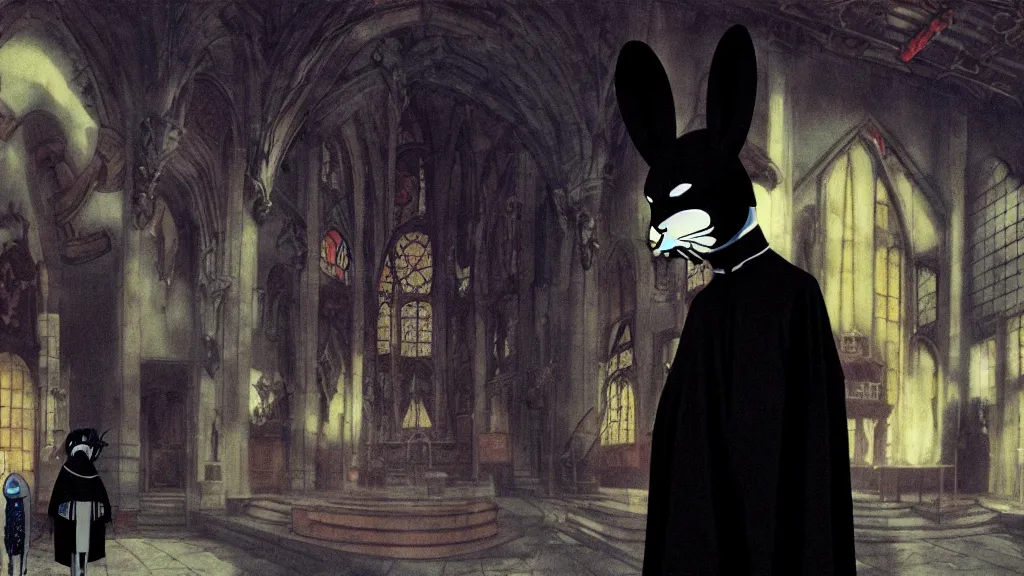 Prompt: a man wearing black priest clothes and a black rabbit mask standing in a black obsidian church, anime film still from the an anime directed by Katsuhiro Otomo with art direction by Salvador Dalí, wide lens