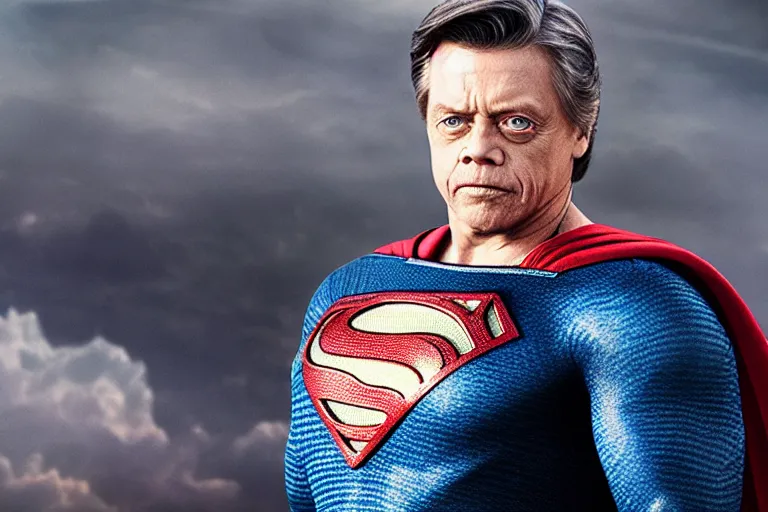 Prompt: promotional image of mark hamill as superman in the new superman movie, detailed face, movie still frame, promotional image, imax 70 mm footage