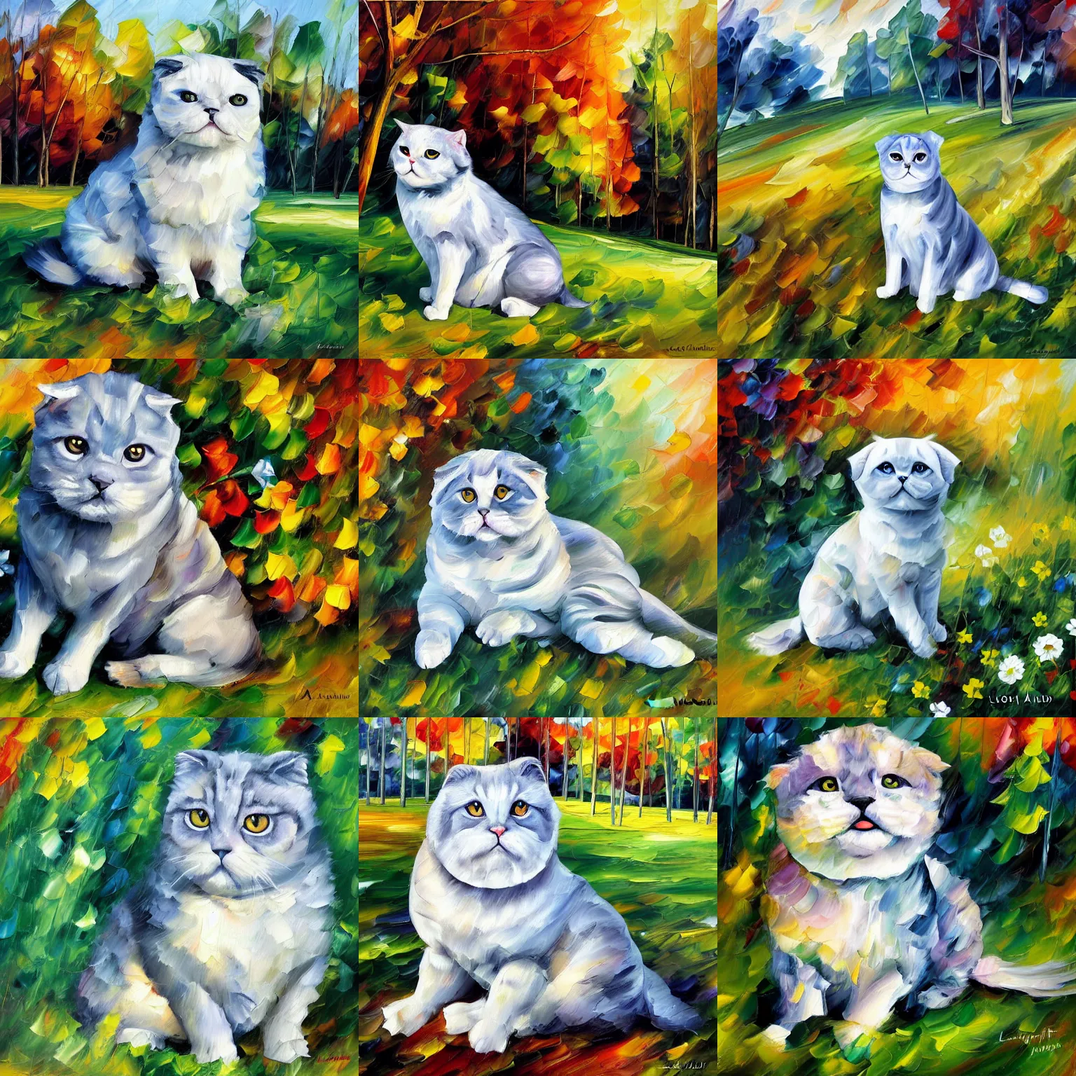 Prompt: fat grey scottish fold sitting in a meadow, expressive oil painting, by leonid afremov