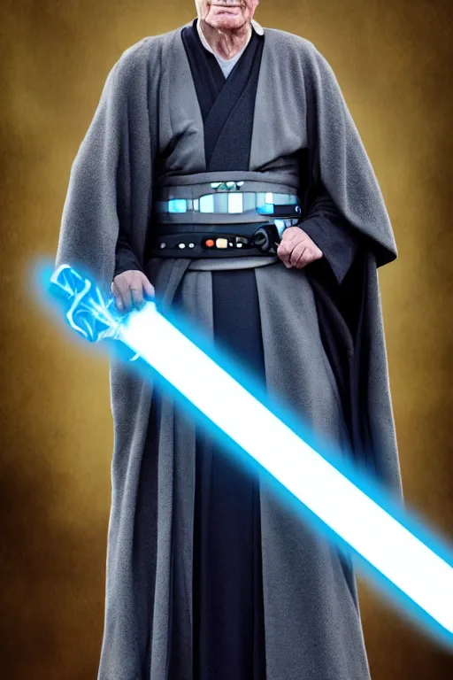 Image similar to photorealistic!! sir patrick steward as a jedi knight, black jedi robe, holding a blue lightsaber, film quality