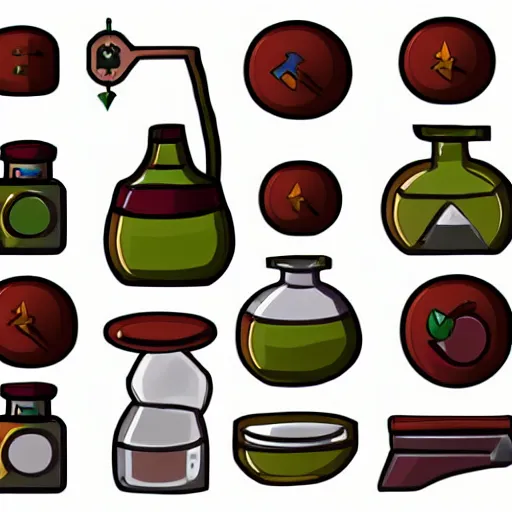 Image similar to video game icon of a potion, concept art, ref sheet, icon sketches for a video game of a potion