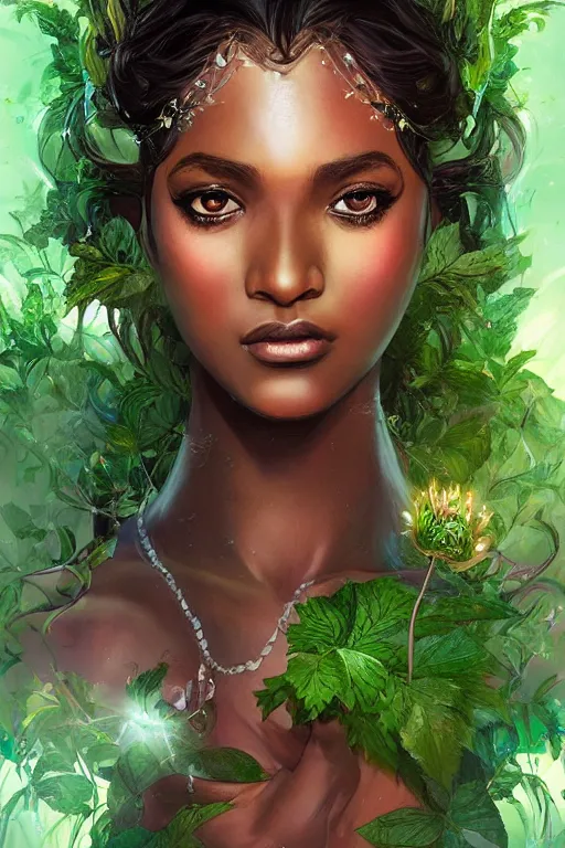 Prompt: portrait of a beautiful dark skinned sri lankan girl as titania, summer queen. faerie queen. queen of light, green, poison ivy, made by caravaggio stanley artgerm lau wlop rossdraws artstation cgsociety concept art cgsociety octane render