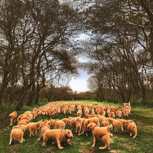 Prompt: “ an army of golden retrievers, looking up at the sky. beautiful woodlands, 4 k ”