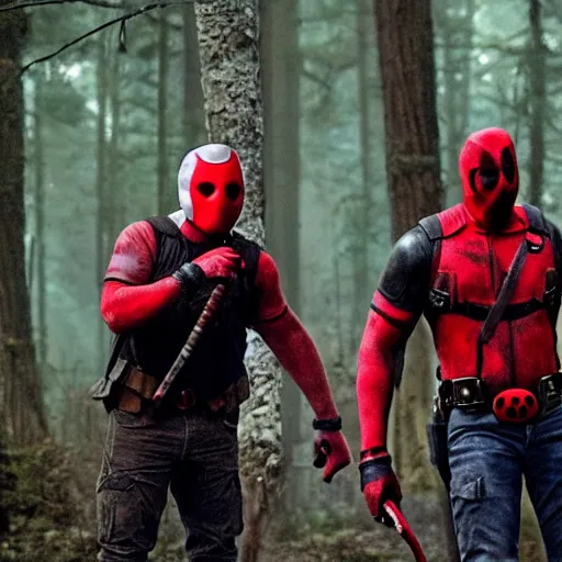 Image similar to jason voorhees with deadpool in the woods 4 k detailed super realistic