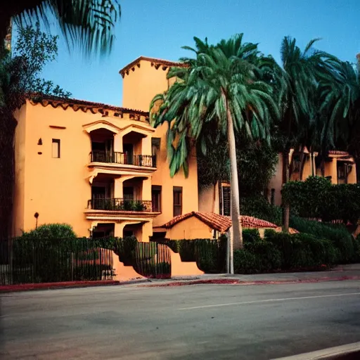 Prompt: A hacienda-style Hollywood apartment building, cinestill 800t.