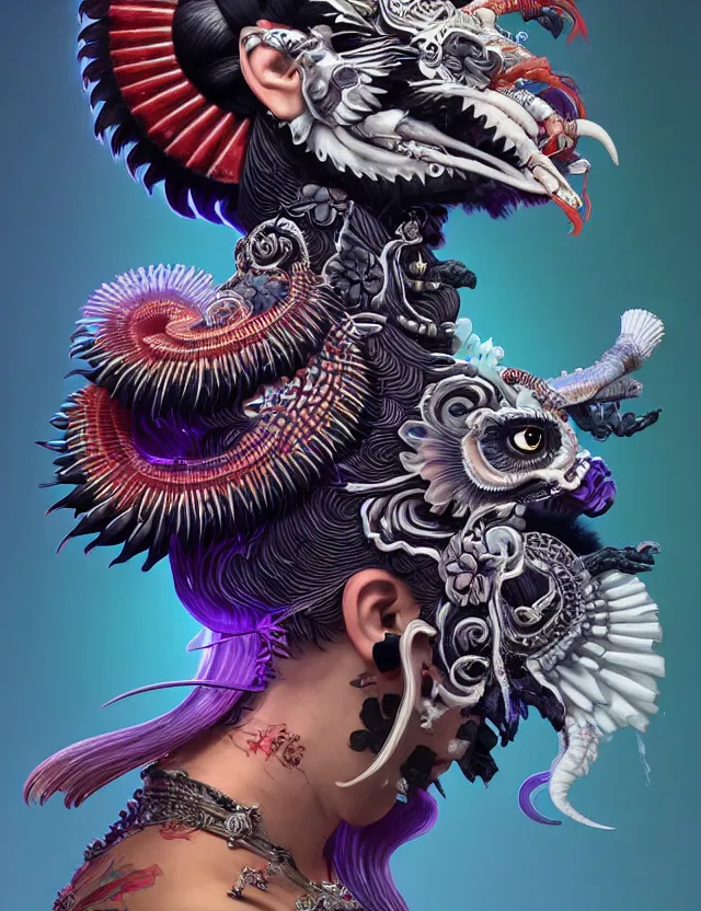 Image similar to 3 d goddess close - up profile portrait punk with mohawk with ram skull. beautiful intricately detailed japanese crow kitsune mask and clasical japanese kimono. betta fish, jellyfish phoenix, bio luminescent, plasma, ice, water, wind, creature, artwork by tooth wu and wlop and beeple and greg rutkowski