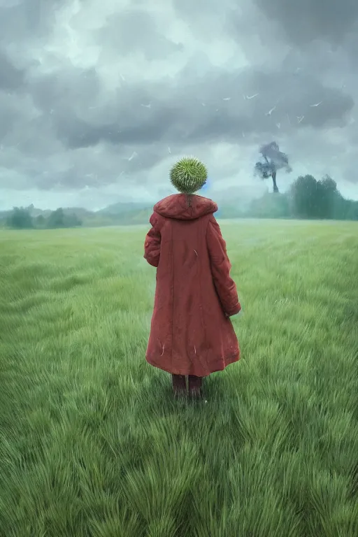 Prompt: a portrait, enormous thistle flower head, girl wearing a coat in field, surreal photography, wind, cloudy sky, dramatic light, impressionist painting, digital painting, artstation, simon stalenhag