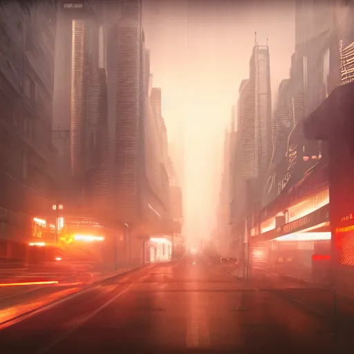 Image similar to in a city with a rich history, the huge building stands in the middle, the road is full of ghosts, blade runner 2 0 4 9, highly detailed, cinematic landscape ， foggy ， octane render ， trending on behance,