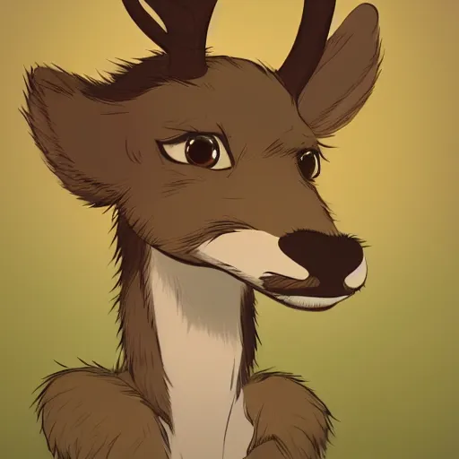 Prompt: a portrait of an anthropomorphic deer, furry fursona, in the style of hayao miyazaki and masamune shirow, soft lighting, wlop