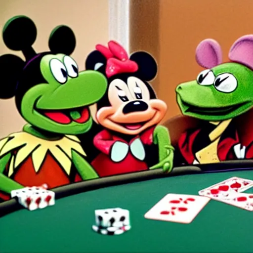 Image similar to kermit playing poker with mickey mouse in las vegas