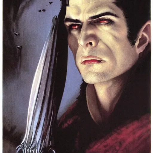 Image similar to head and shoulders vogue fashion photo portrait of a male vampire, d & d, fantasy, greg rutkowski, frank frazetta, alexandre chaudret, boris vallejo, michael whelan, miro petrov, hr giger, magali villeneuve, donato giancola