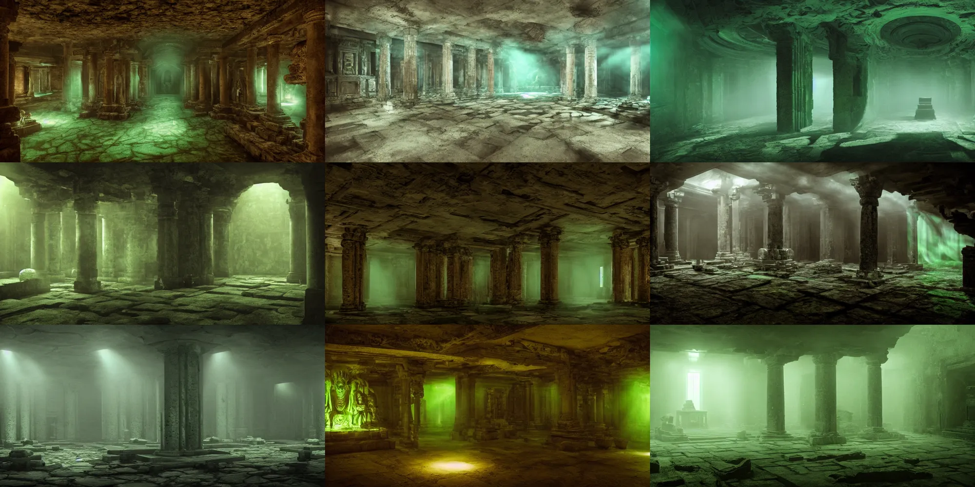 Prompt: cinematic film still, inside an ancient temple of Cthulhu, ancient, green ambient light, light mist, lovecraftian 4k