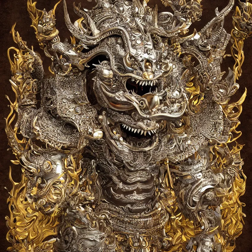 Image similar to highly detailed 3 d art depicting barong, the balinese demon in a retrofuturistic style. reflective metal, detailed textures, smooth lighting. dark background.