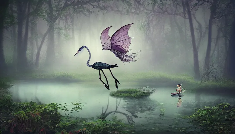 Image similar to a fairy riding a heron over a misty lake, ambient lighting, light bloom, cool lighting, in the style of fantasy art and Over the Garden Wall!!