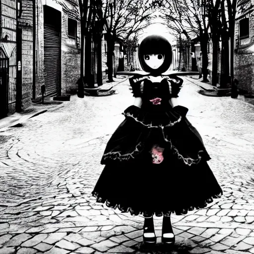 Image similar to beautiful android gothic lolita standing in a city taken over by nature , theme of sadness, melancholy, and dark beauty, high exposure