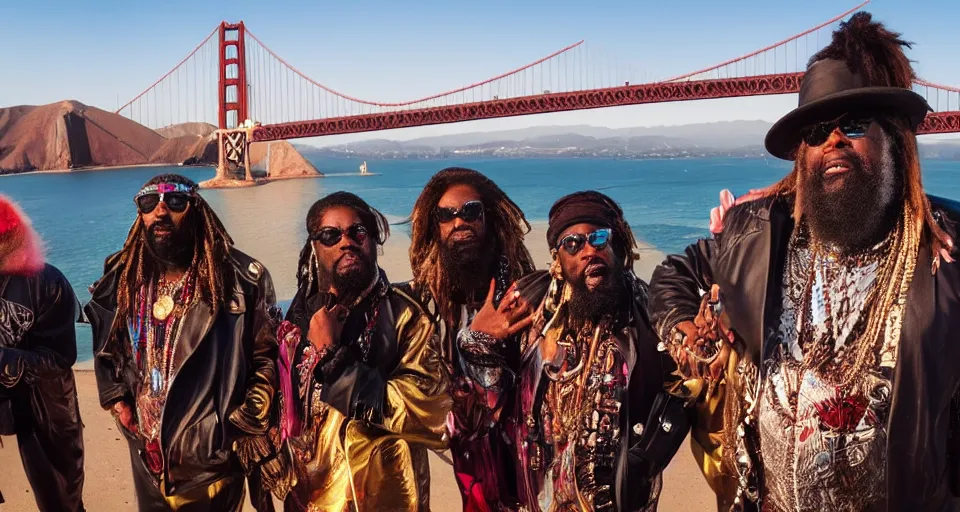 Prompt: first image afrofuturistic heist movie starring george clinton and parliament funkadelic, sundance official selection. shot on the golden gate bridge with alexa mini, stunning cinematography, golden hour, filmgrain.