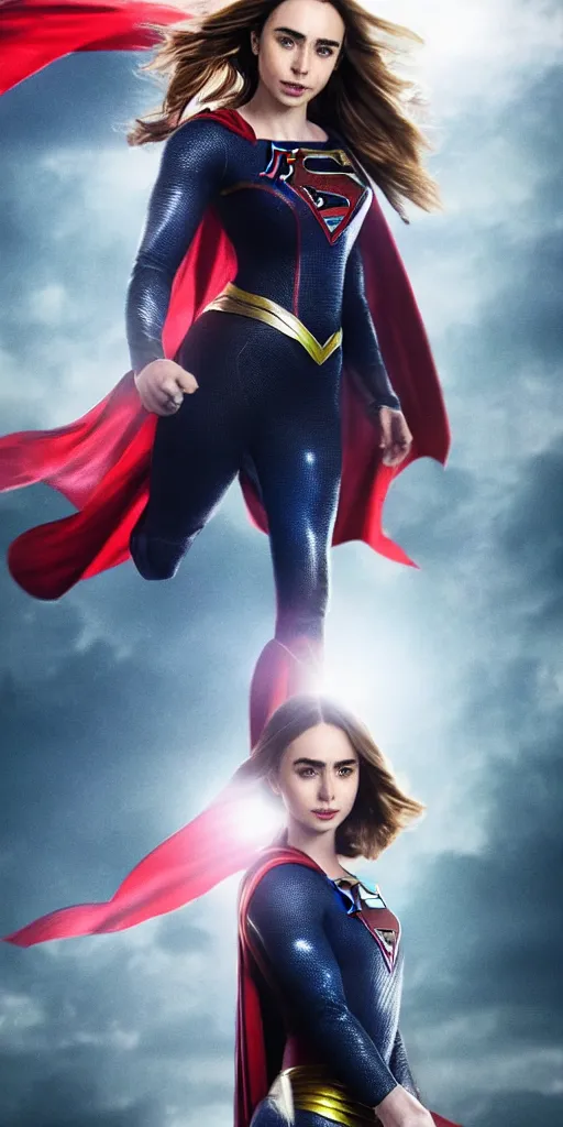 Image similar to a potrait of Lily Collins as Supergirl with man of steel suit style and full armour by Zack Snyder, 8k photorealistic, cinematic lighting, HD, high details, dramatic, trending on artstation, view from above