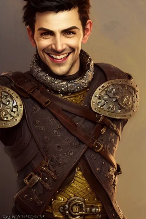 Prompt: portrait of a grinning male thief, looking at camera, D&D, leather armor, very short dark hair, intricate, elegant, stylish, cute smile, fantasy, extremely detailed, digital painting, artstation, concept art, smooth, sharp focus, illustration, ambient lighting, art by artgerm and greg rutkowski and alphonse mucha and simon stalenhag