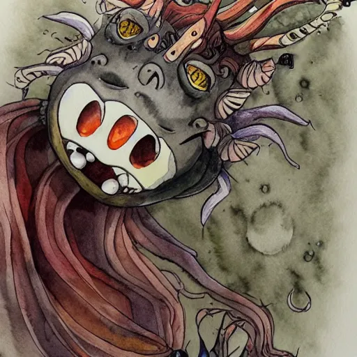 Image similar to detailed whimsical silly watercolor painting of a terrifying demon, in the style of studio ghibli