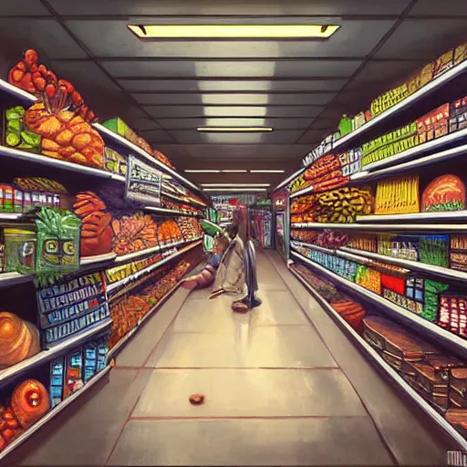 Prompt: a beautiful painting of a pristine and sterile supermarket grocery store, representative of the art style of artgerm and wlop and peter mohrbacher, portrait