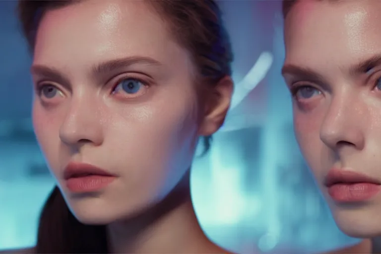 Image similar to VFX movie of a futuristic closeup portrait in high tech compound, beautiful natural skin neon lighting by Emmanuel Lubezki