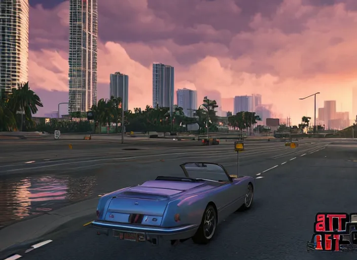 Image similar to still next - gen ps 5 game grand theft auto 6 2 0 2 4 remaster, graphics mods, rain, red sunset, people, rtx reflections, gta vi, miami, palms and miami buildings, photorealistic screenshot, unreal engine, 4 k, 5 0 mm bokeh, close - up 9 f cabrio!, gta vice city remastered, artstation