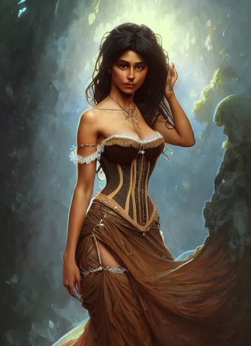 Image similar to cute brown woman wearing a translucent corset dress, fantasy, intricate, highly detailed, digital painting, artstation, concept art, wallpaper, smooth, sharp focus, illustration, art by artgerm and greg rutkowski and alphonse mucha