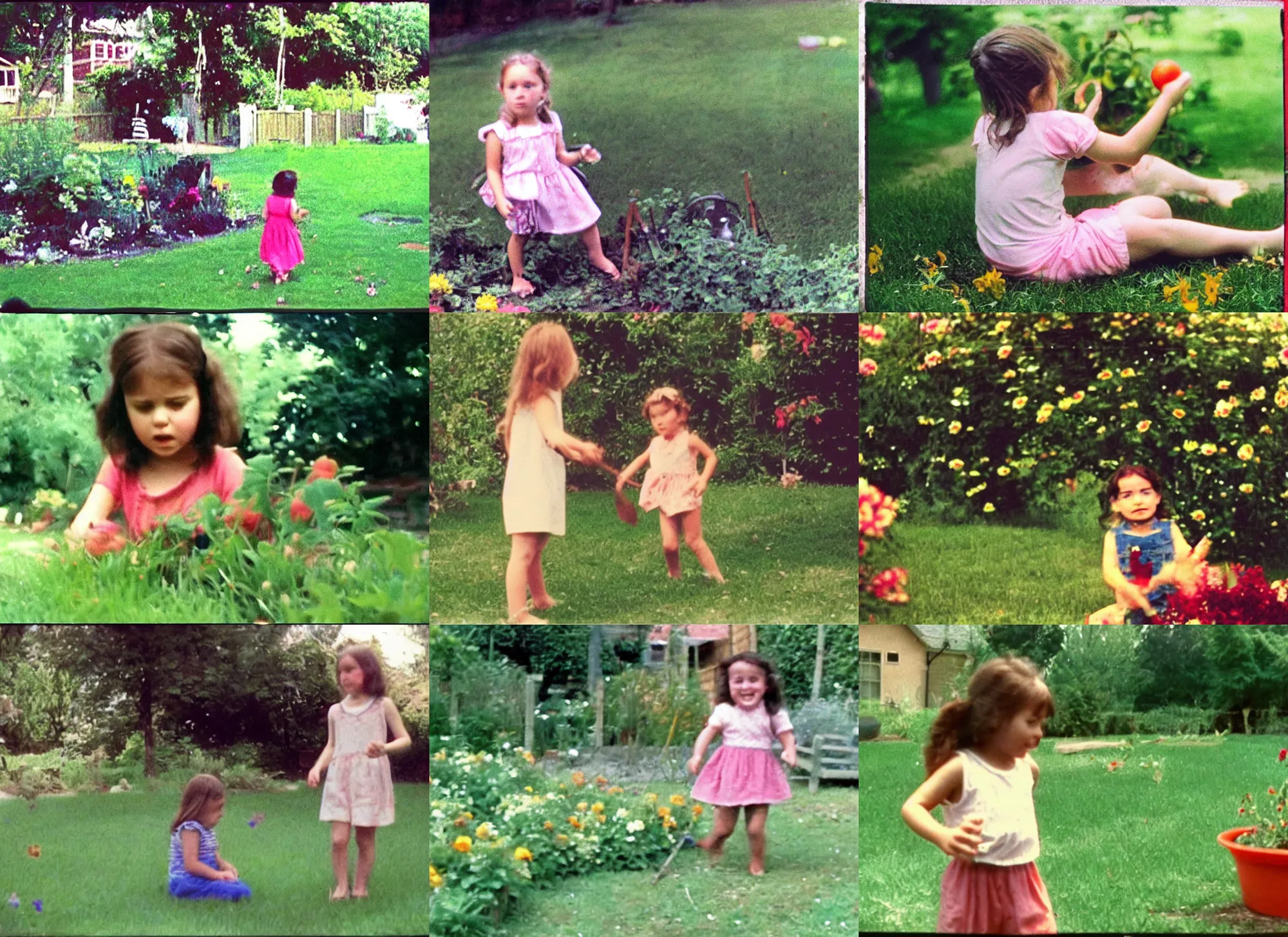 Prompt: Home video footage, A girl playing in the garden, summer. Color VHS picture quality with mixed noise, Filmed by dad.
