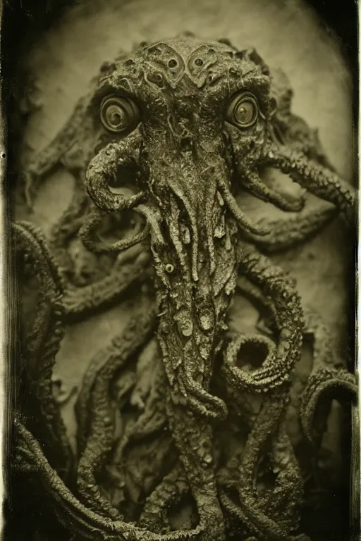 Image similar to a wet plate photograph of a cthulhu monster