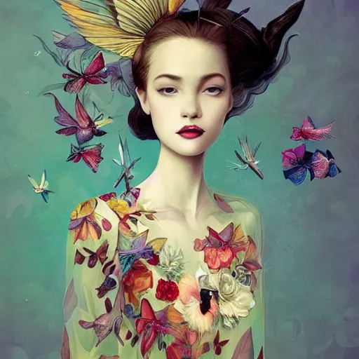 Image similar to beautiful fashion illustration of an enchanting girl wearing an origami dress, hummingbirds, elegant, by esao andrews, by eiko ishioka, givenchy, by peter mohrbacher, centered, floral ornamentic on cloth and hair, detailed beautiful face, high depth of field, fresh colors, vogue, japanese, new yorker, reallusion character creator